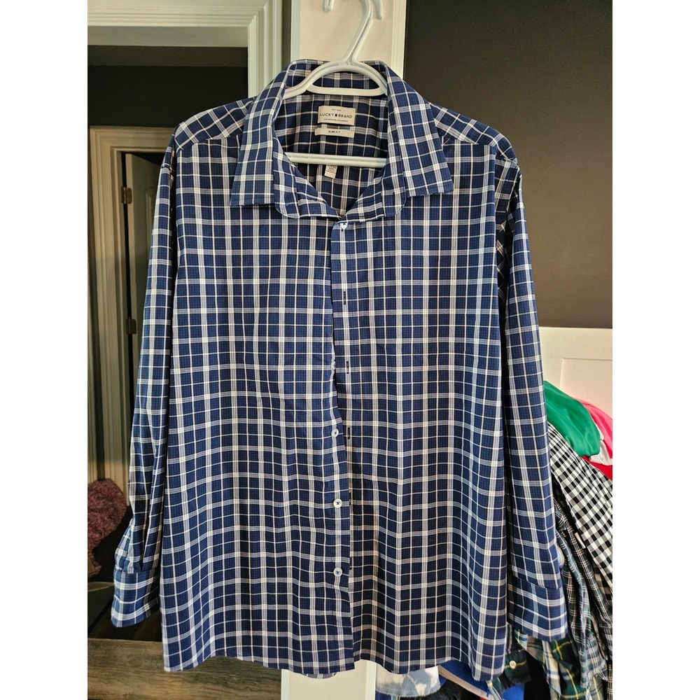 Lucky Brand Men's Long Sleeve Button Down Shirt, Blue Plaid Checkered Pattern